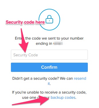 backup codes SMS Instagram