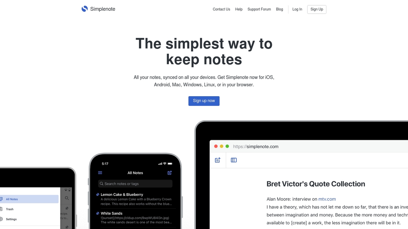 Screenshot of simplenote.com