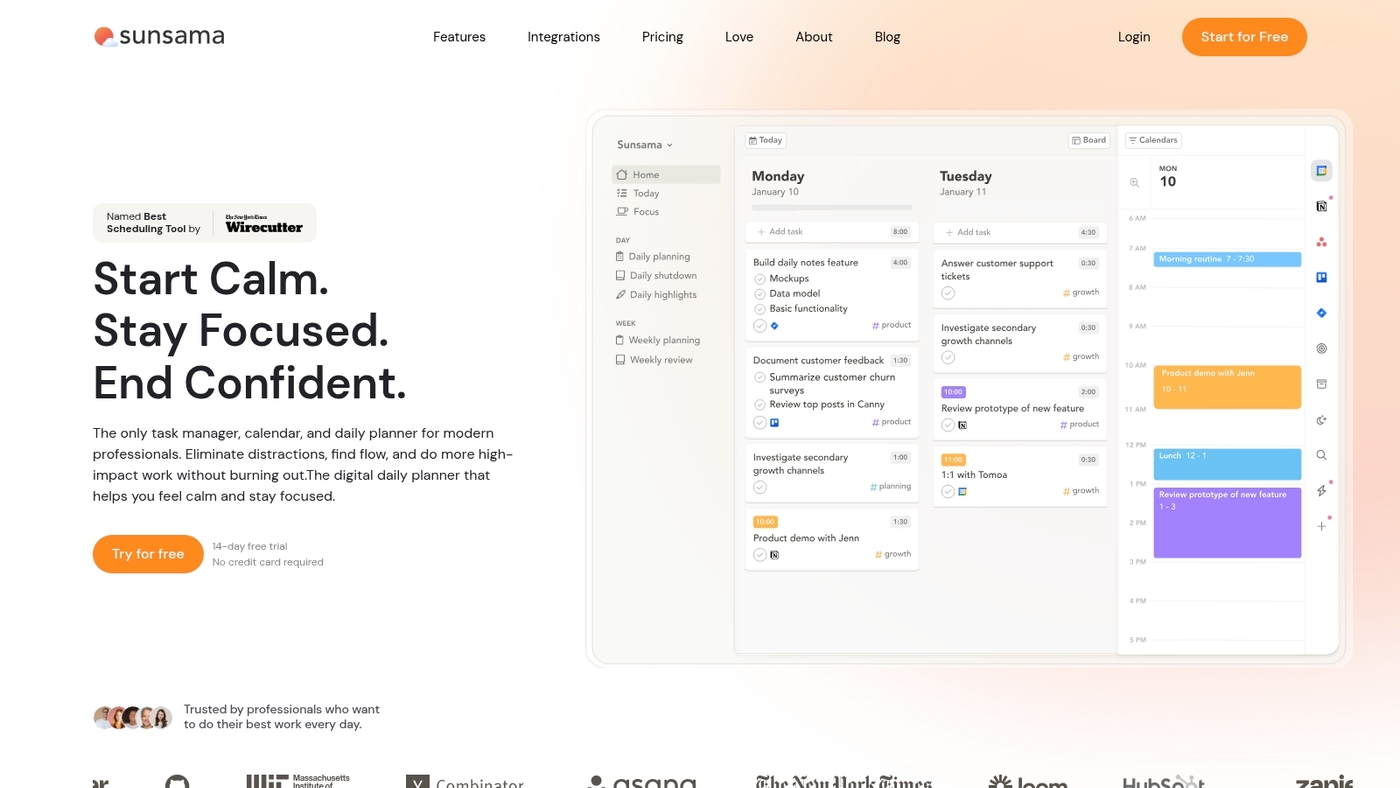Screenshot of sunsama.com