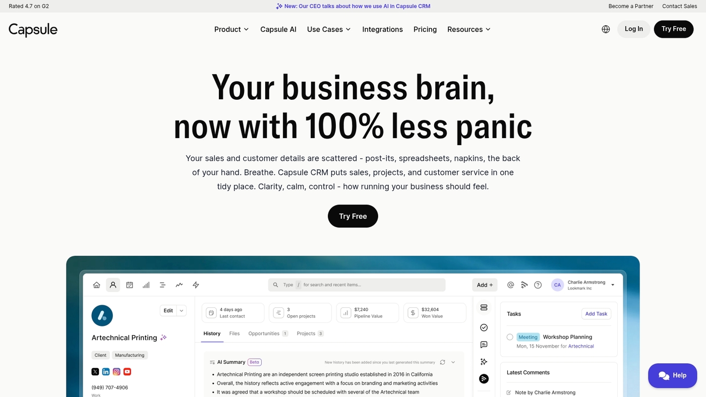 Screenshot of capsulecrm.com