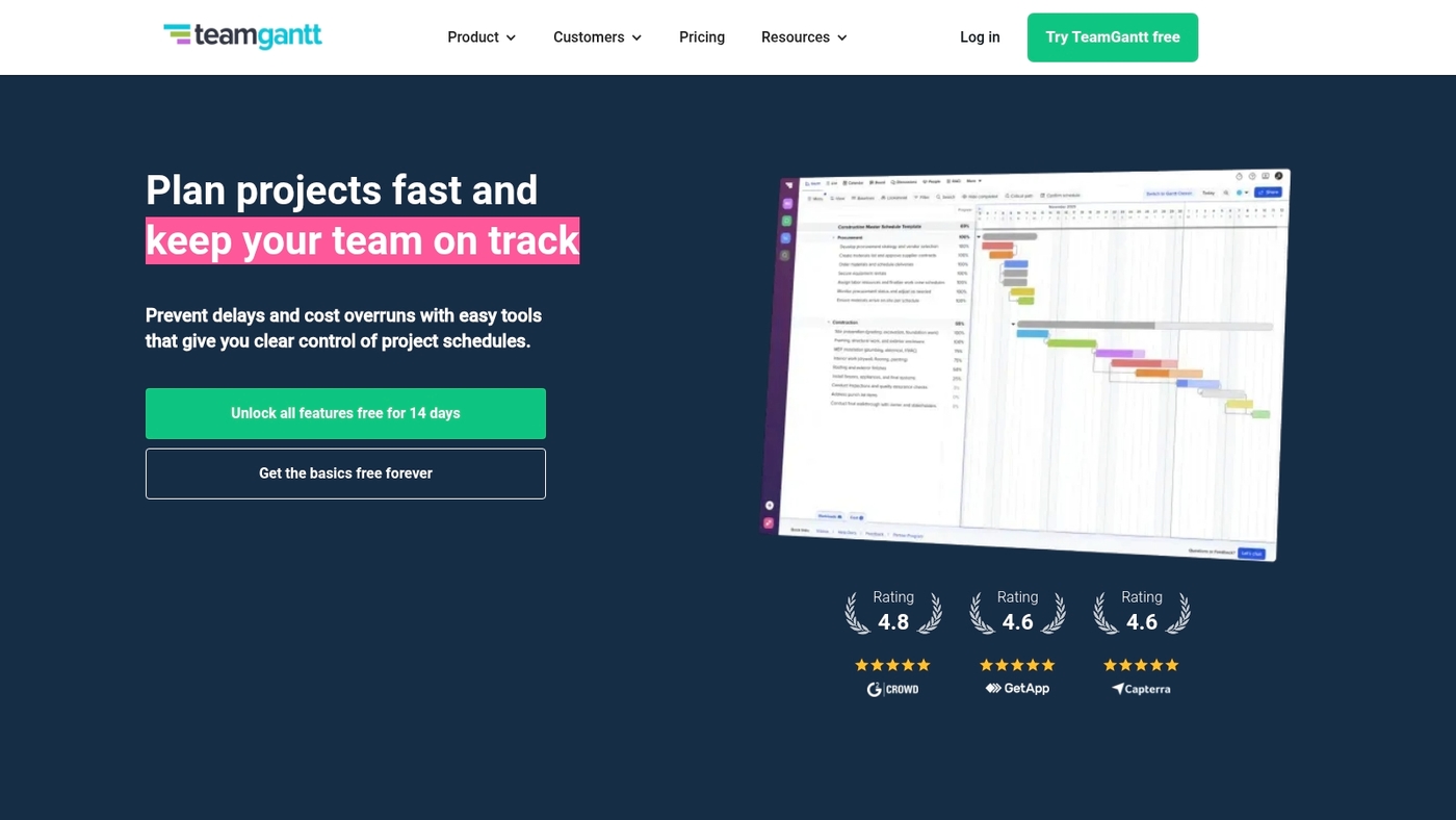 Screenshot of www.teamgantt.com