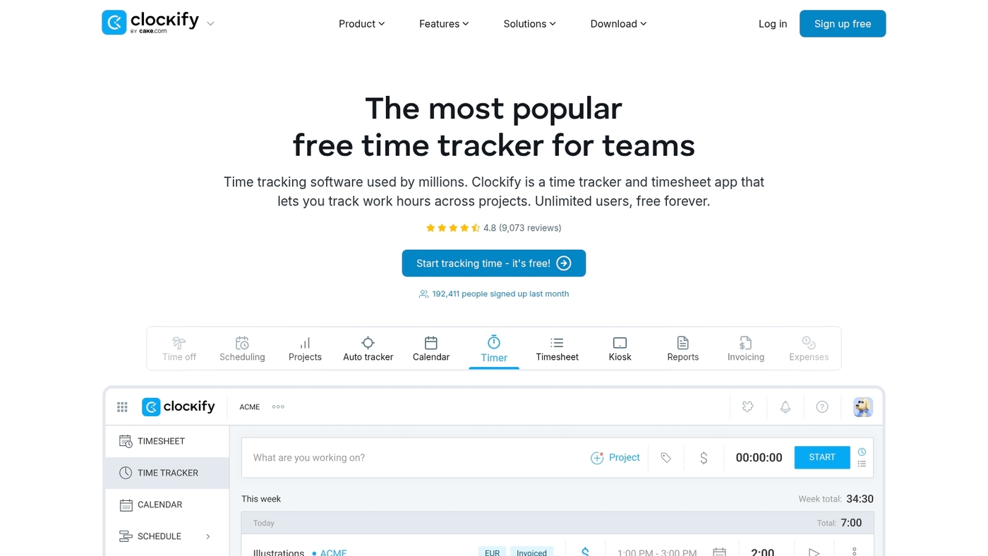 Screenshot of clockify.me